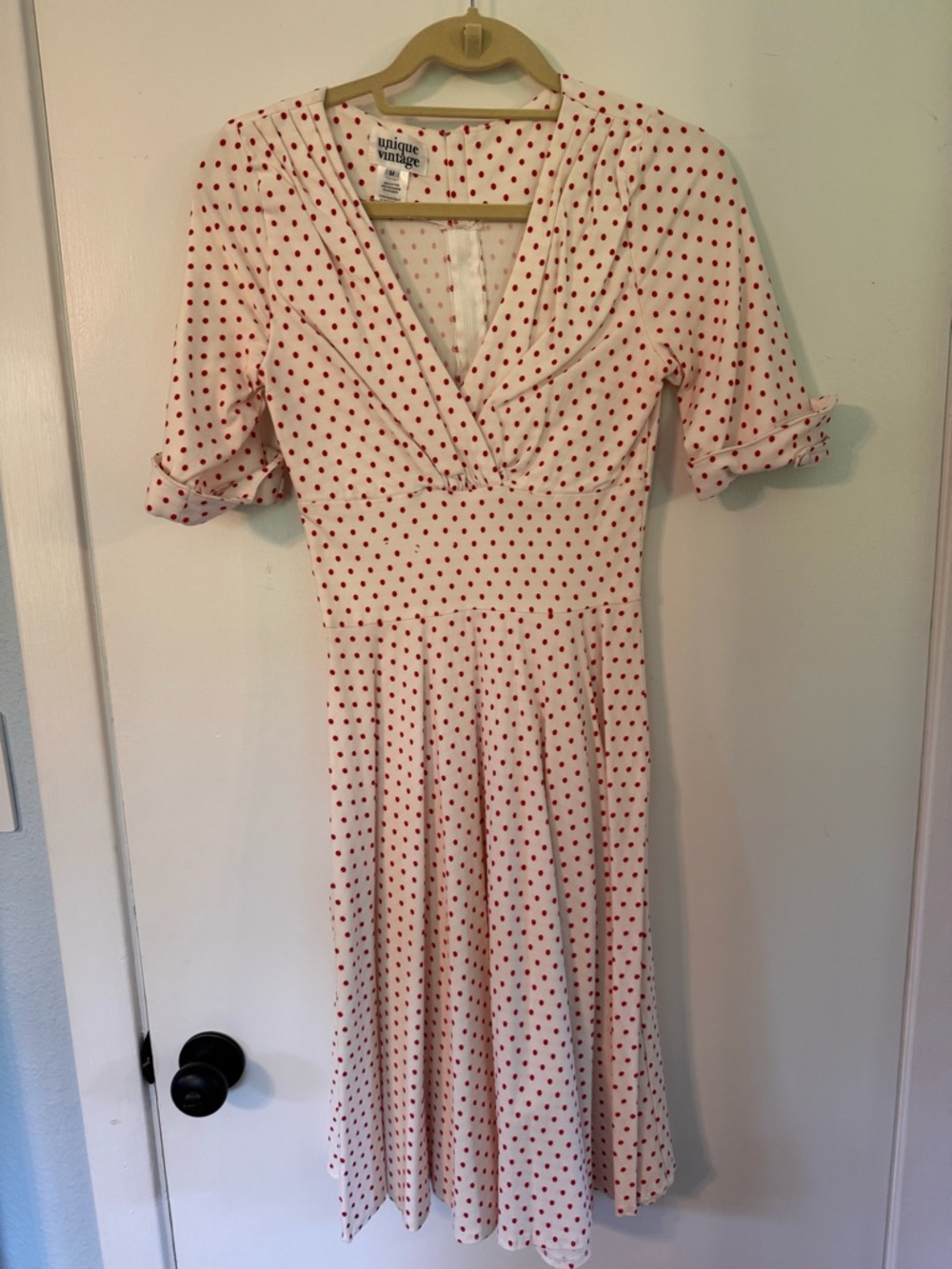 Unique Vintage Delores White Midi Dress with Red Polka Dots